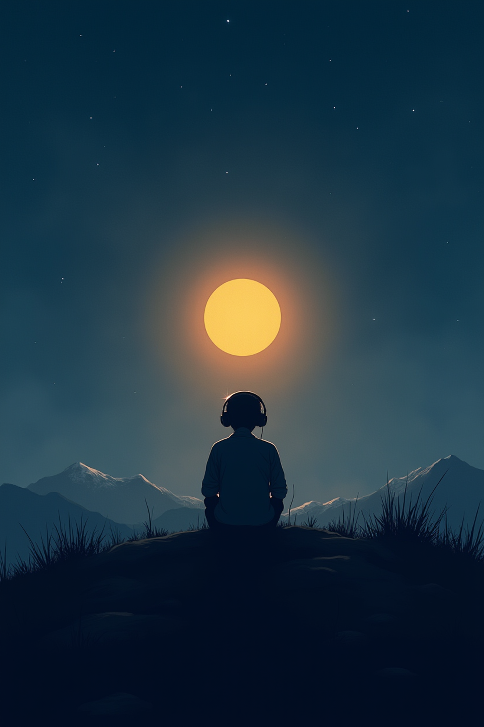 Ilustración de los Audios de Meditación Guiada: ondas de sonido cálidas en la oscuridad de la noche