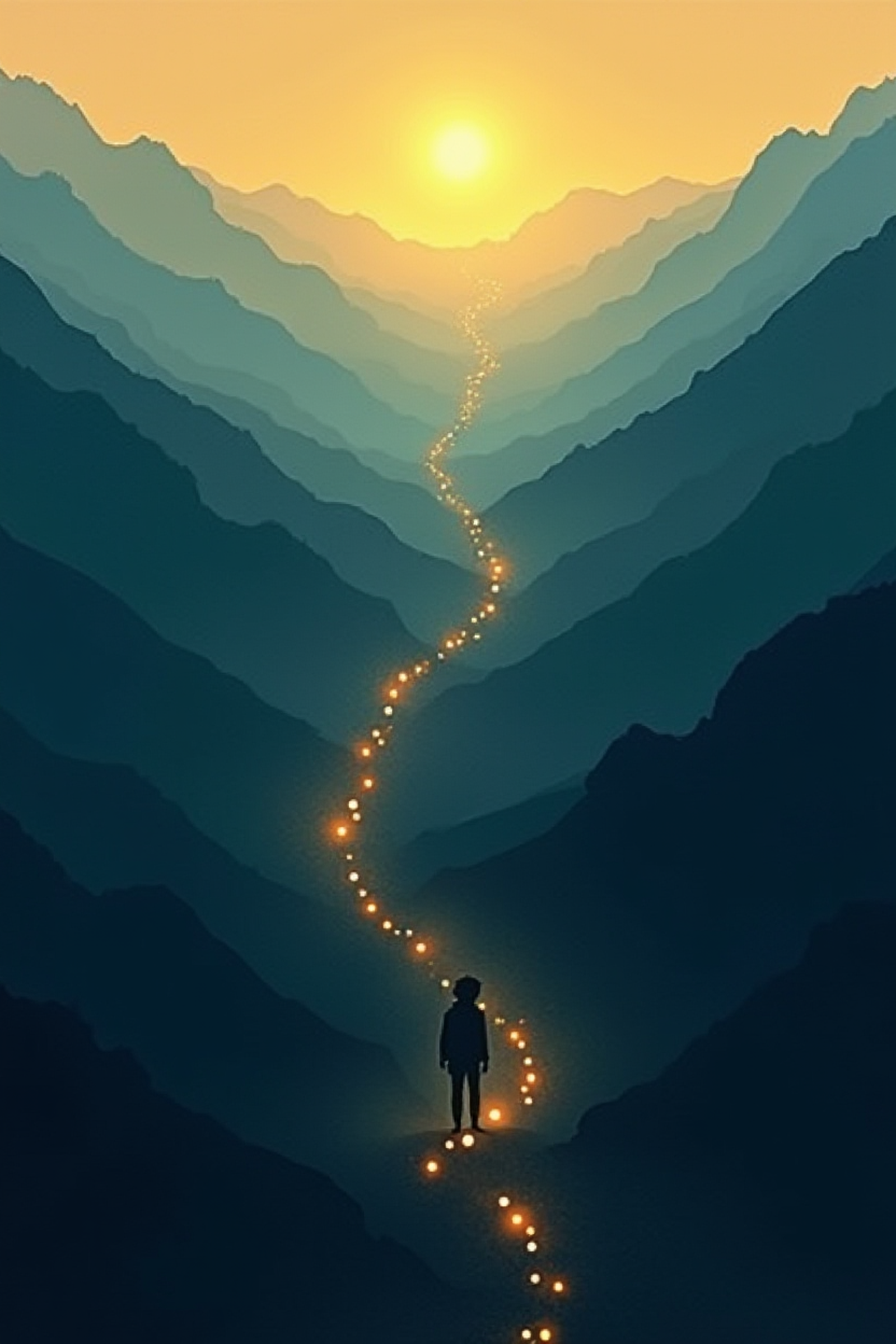 Ilustración del Plan de 30 Días: un camino de puntos de luz ascendiendo hacia el amanecer